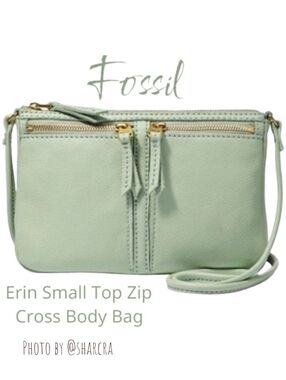Fossil Erin compact Leather Crossbody Bag sea foam green exterior Zip pockets